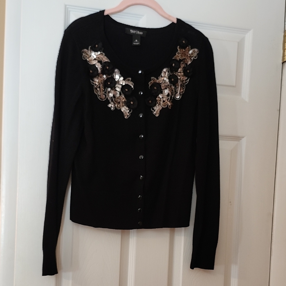 White House Black Market Black Cardigan with Gold Accents